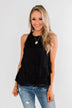 Captivating In Lace Ruffle Tank Top- Black
