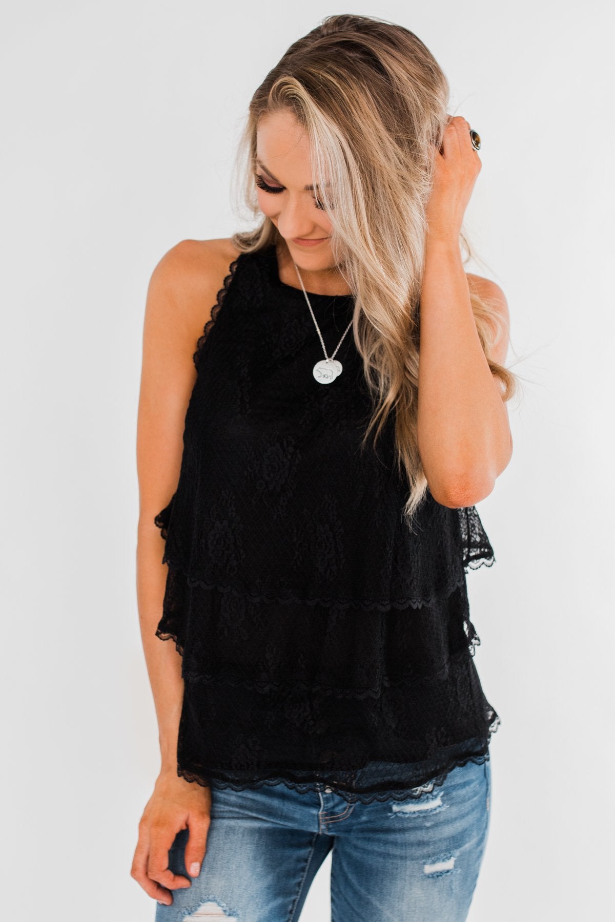 Captivating In Lace Ruffle Tank Top- Black
