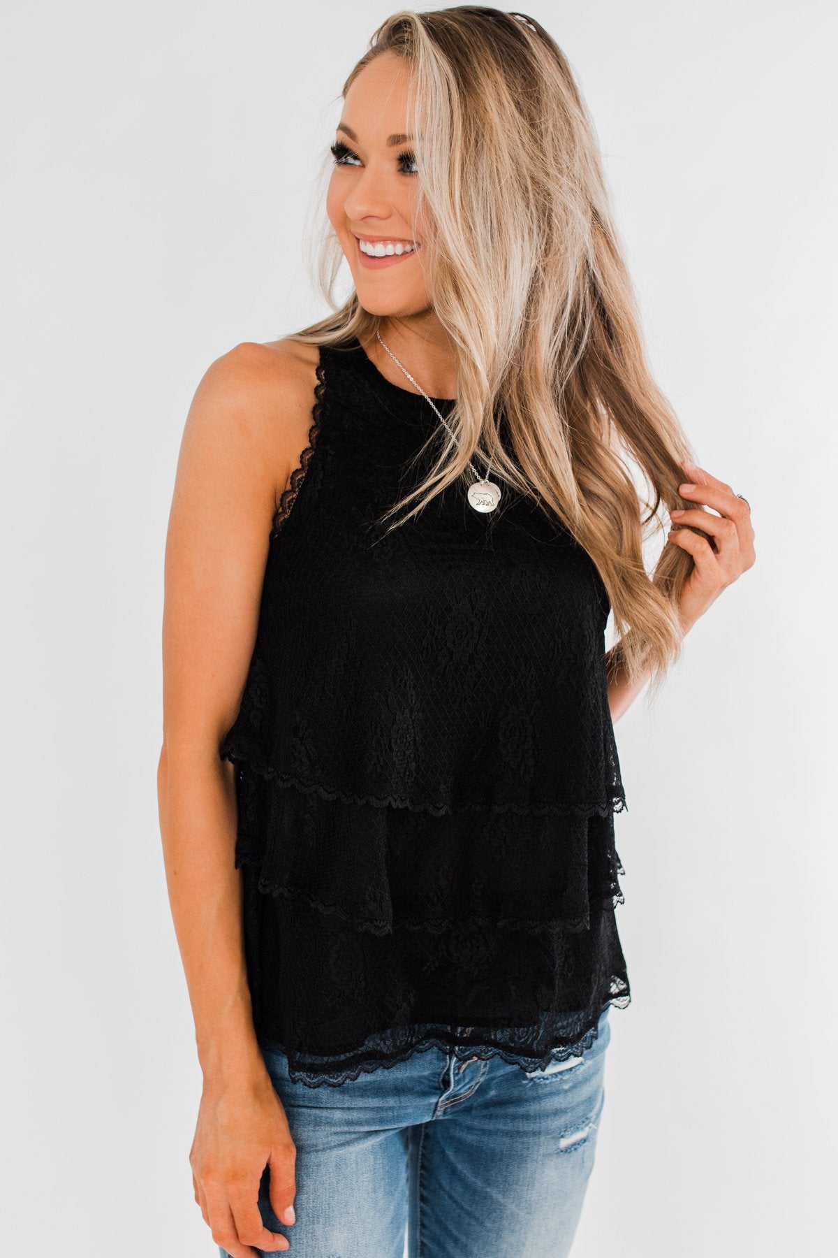 Captivating In Lace Ruffle Tank Top- Black