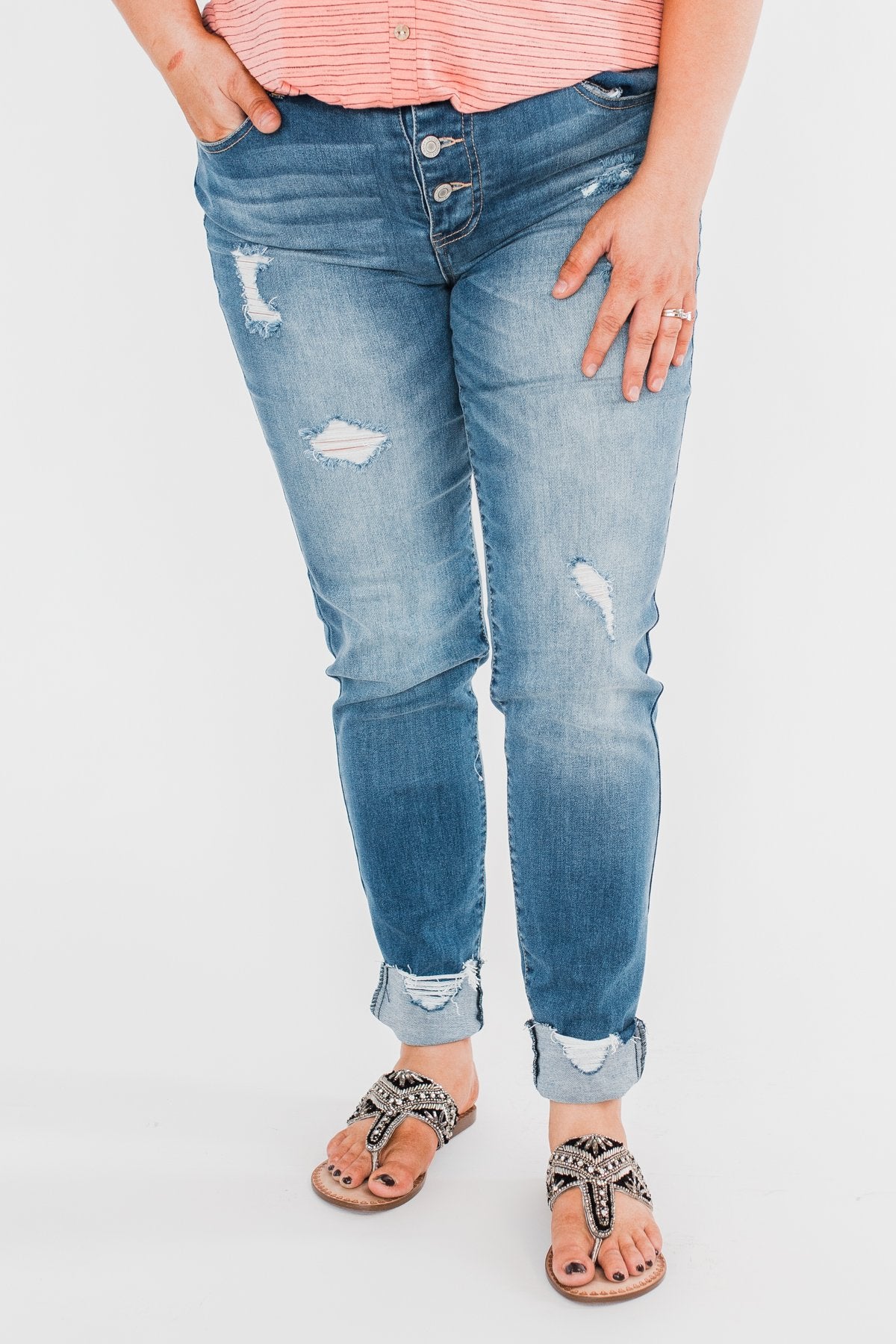 C'est Toi Distressed Button Fly Skinnies- Medium Emily Wash