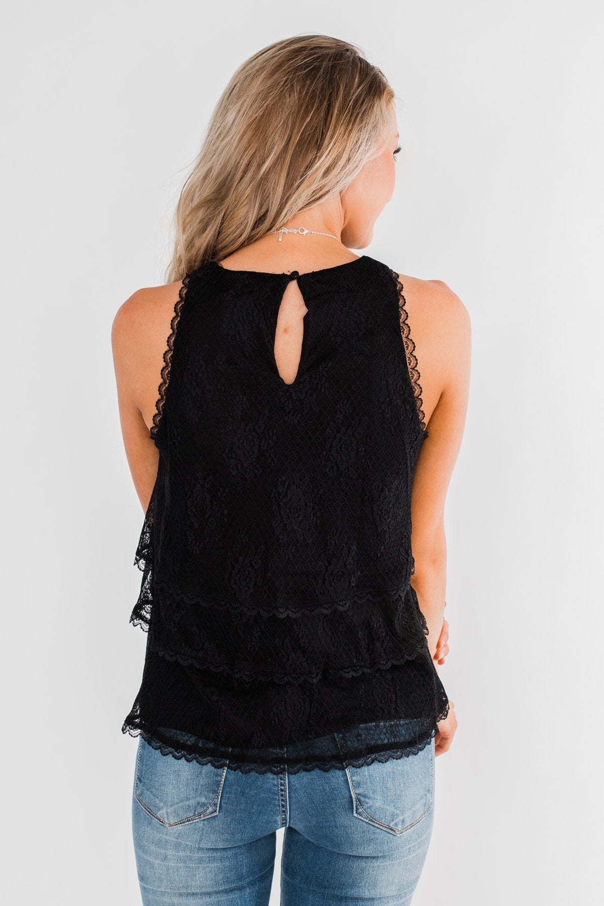 Captivating In Lace Ruffle Tank Top- Black