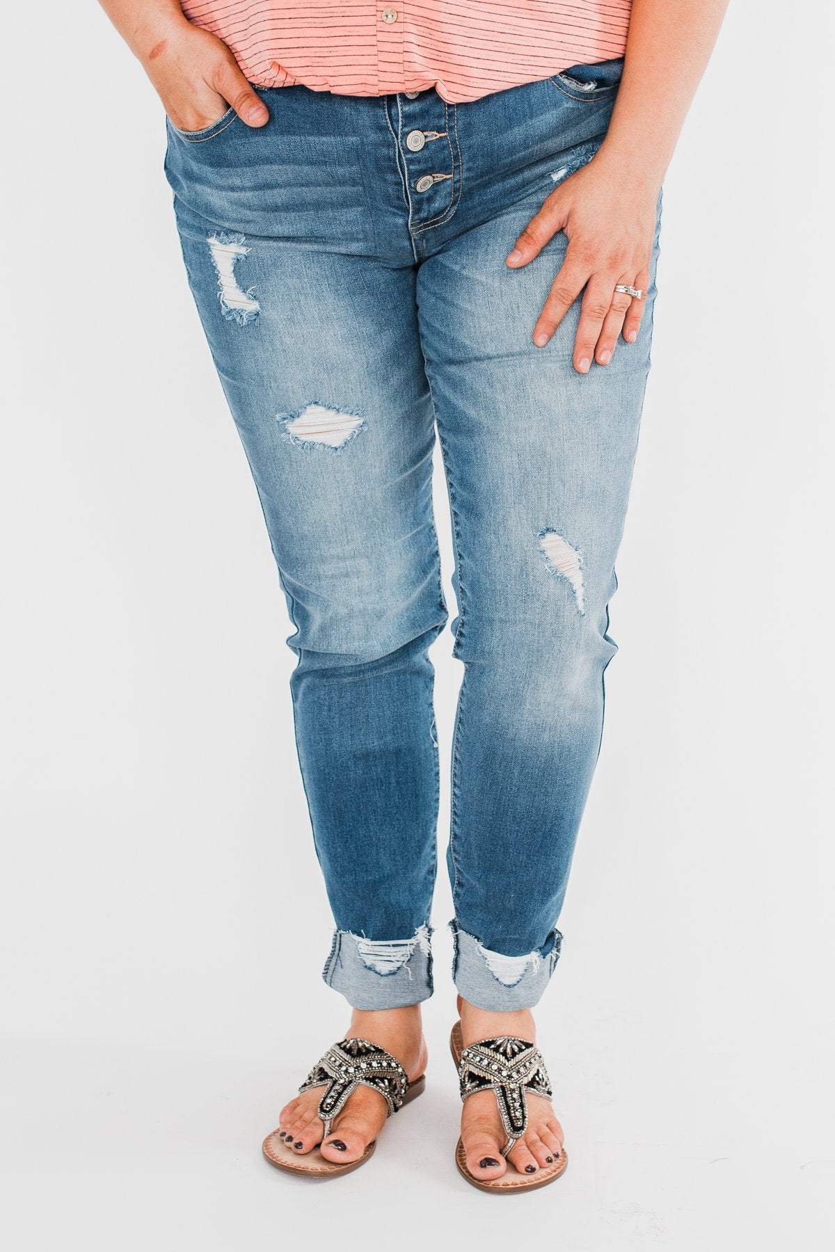 C'est Toi Distressed Button Fly Skinnies- Medium Emily Wash