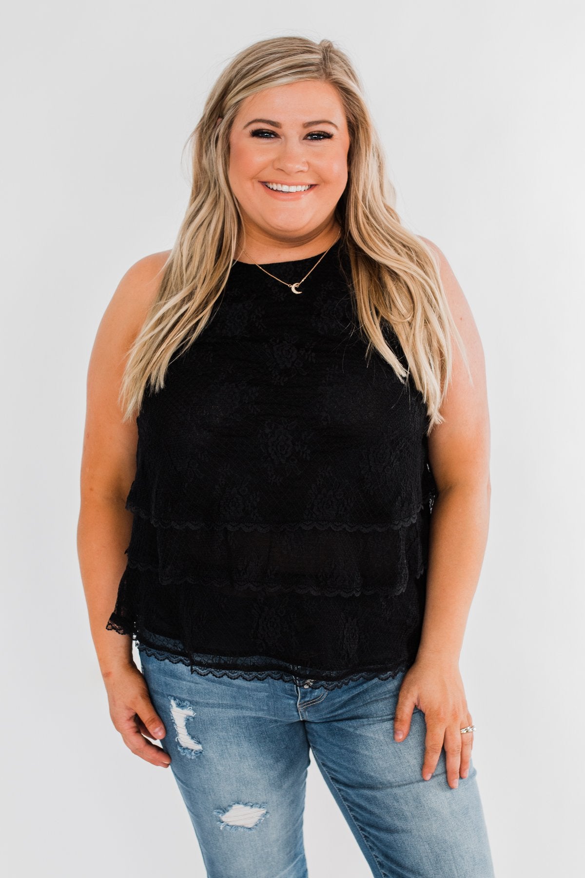 Captivating In Lace Ruffle Tank Top- Black