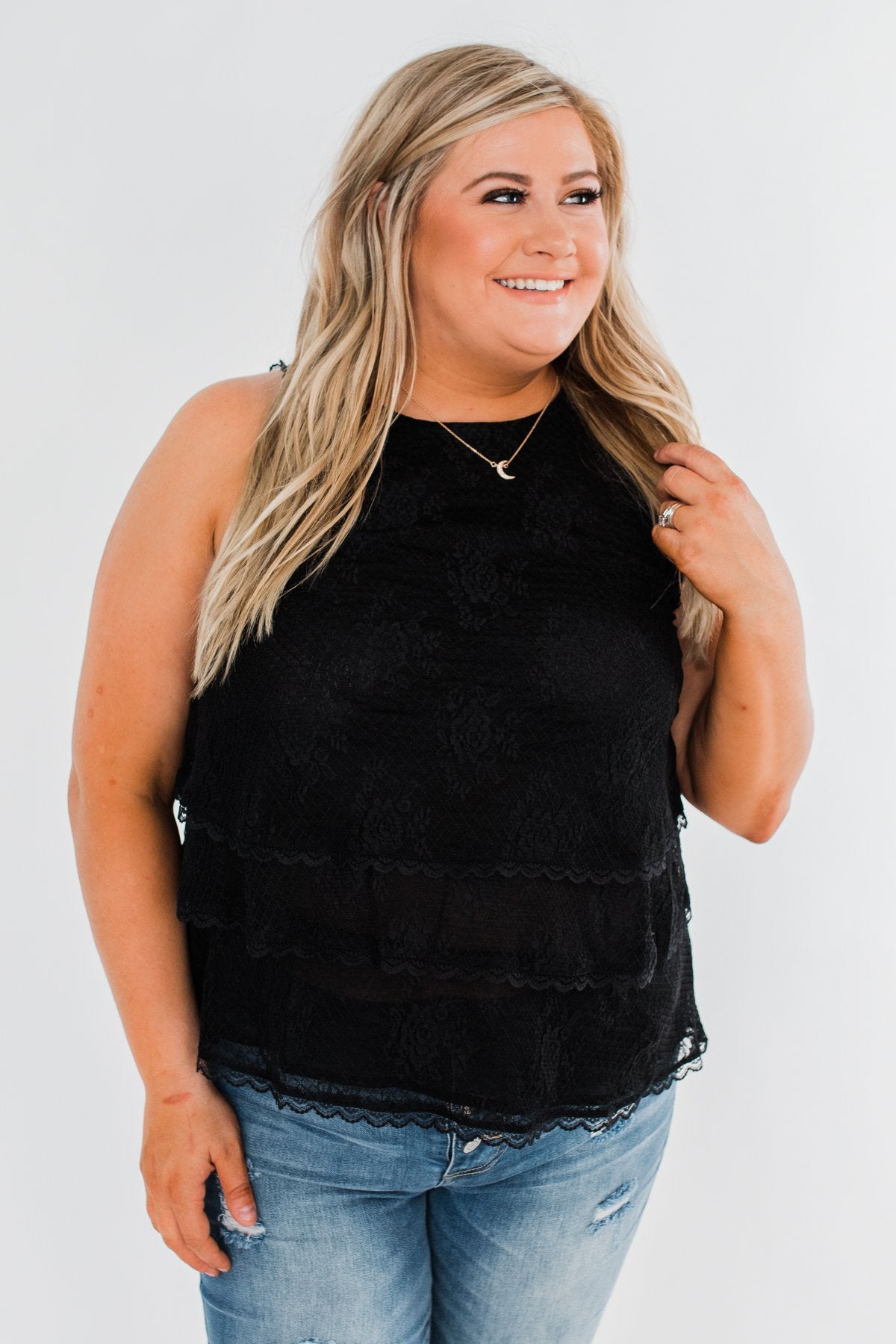 Captivating In Lace Ruffle Tank Top- Black