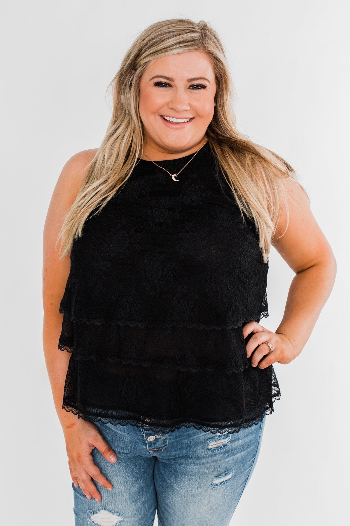 Captivating In Lace Ruffle Tank Top- Black