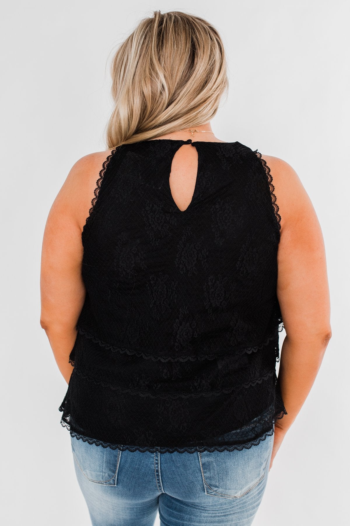 Captivating In Lace Ruffle Tank Top- Black