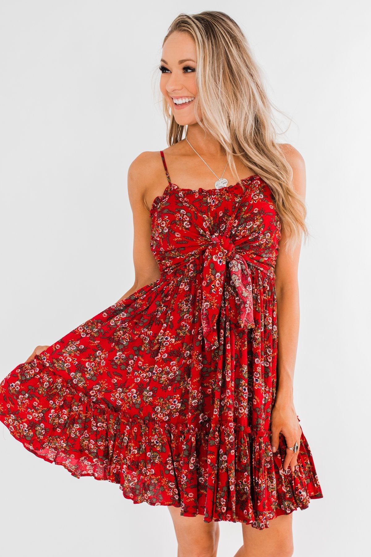 Saying Goodbye Floral Tie Dress- Red