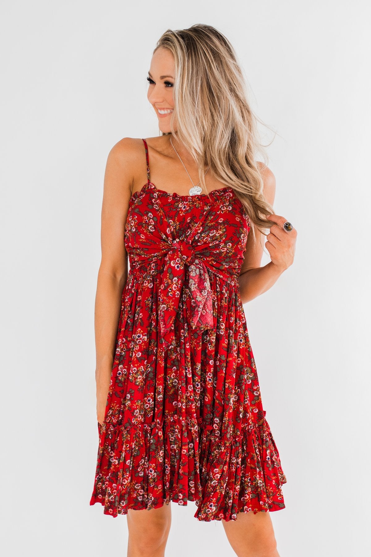 Saying Goodbye Floral Tie Dress- Red