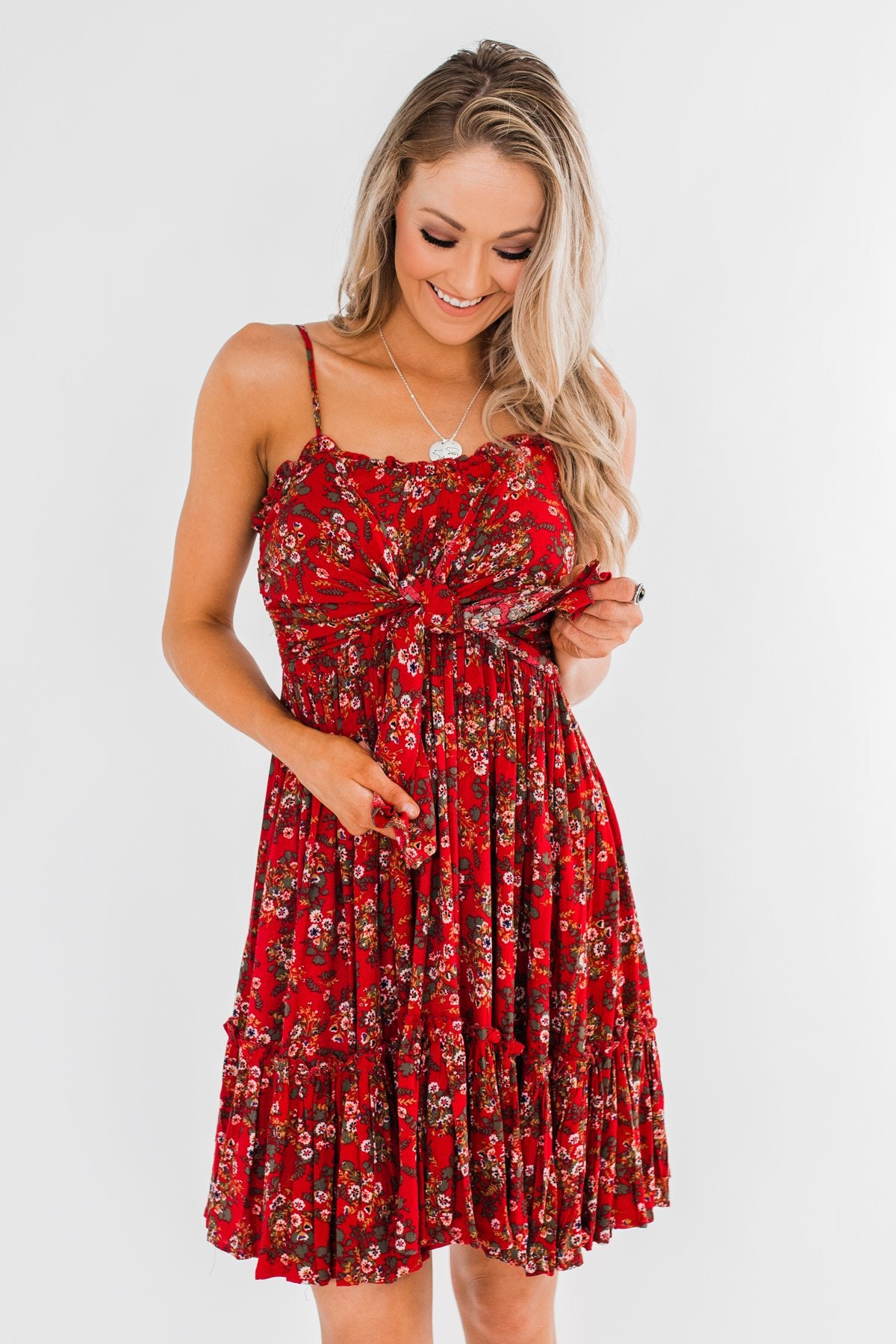 Saying Goodbye Floral Tie Dress- Red