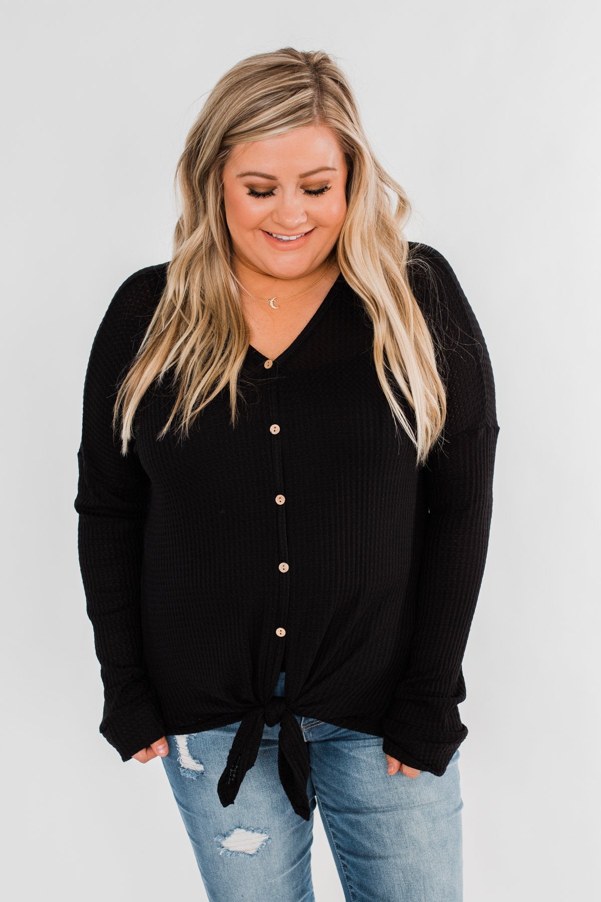 Thermal Button Knot Top- Black