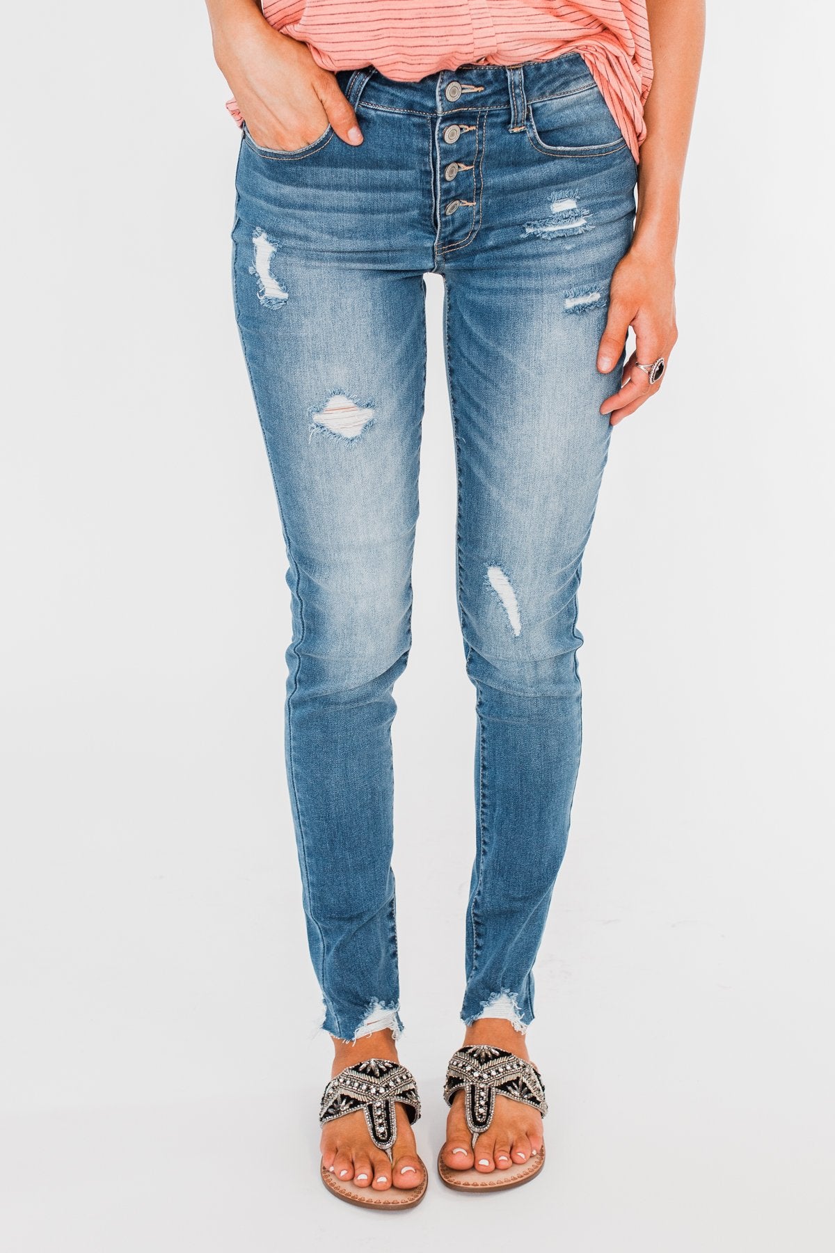C'est Toi Distressed Button Fly Skinnies- Medium Emily Wash