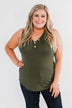 Just Say The Word 3 Button Tank Top- Dark Olive