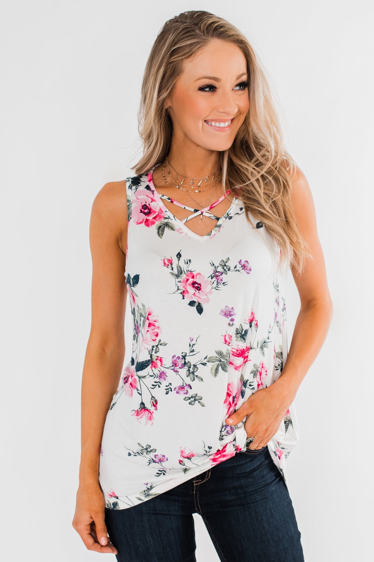 On Repeat Floral Criss Cross Tank Top- White