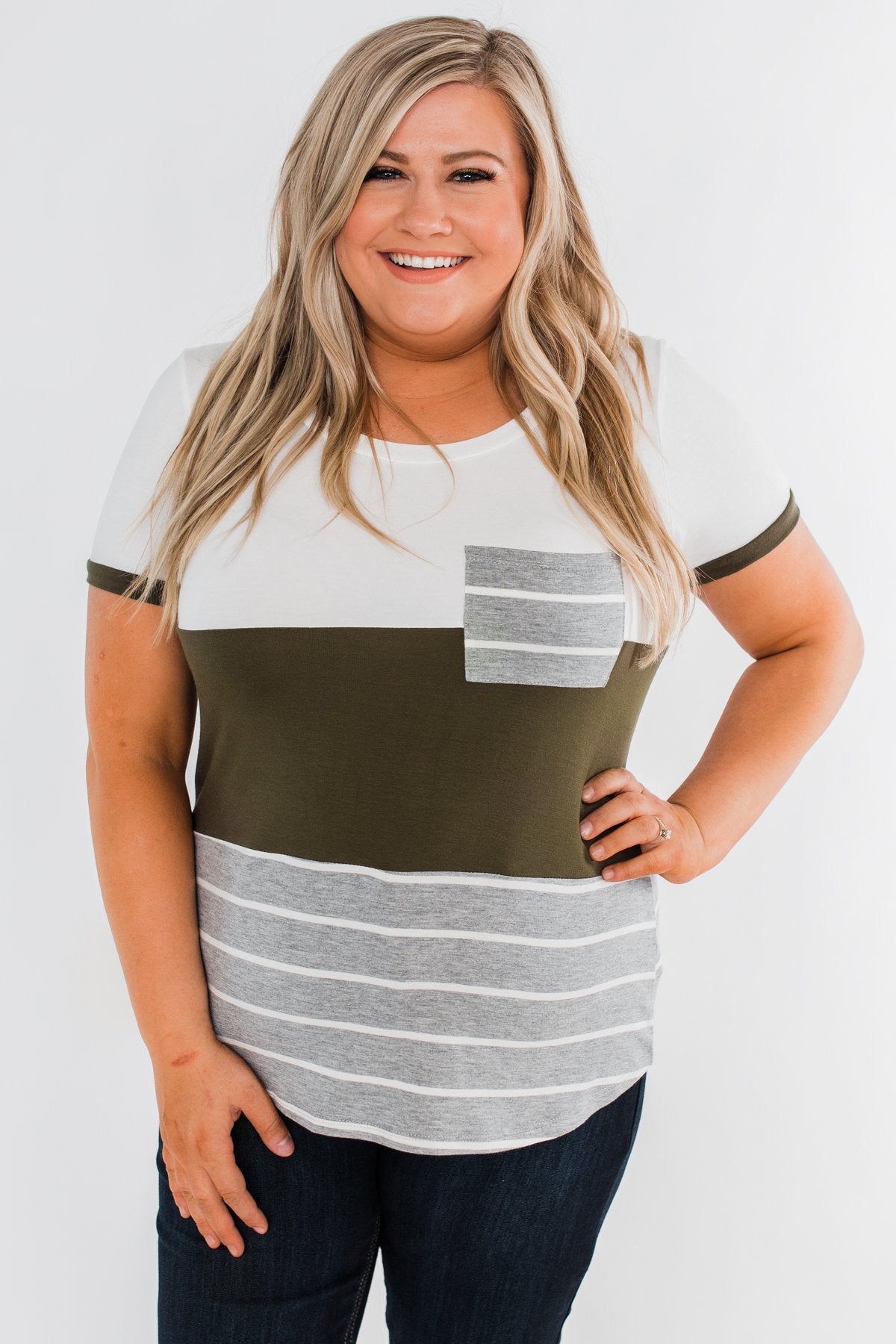 Right Here With Me Color Block Top- Ivory & Olive