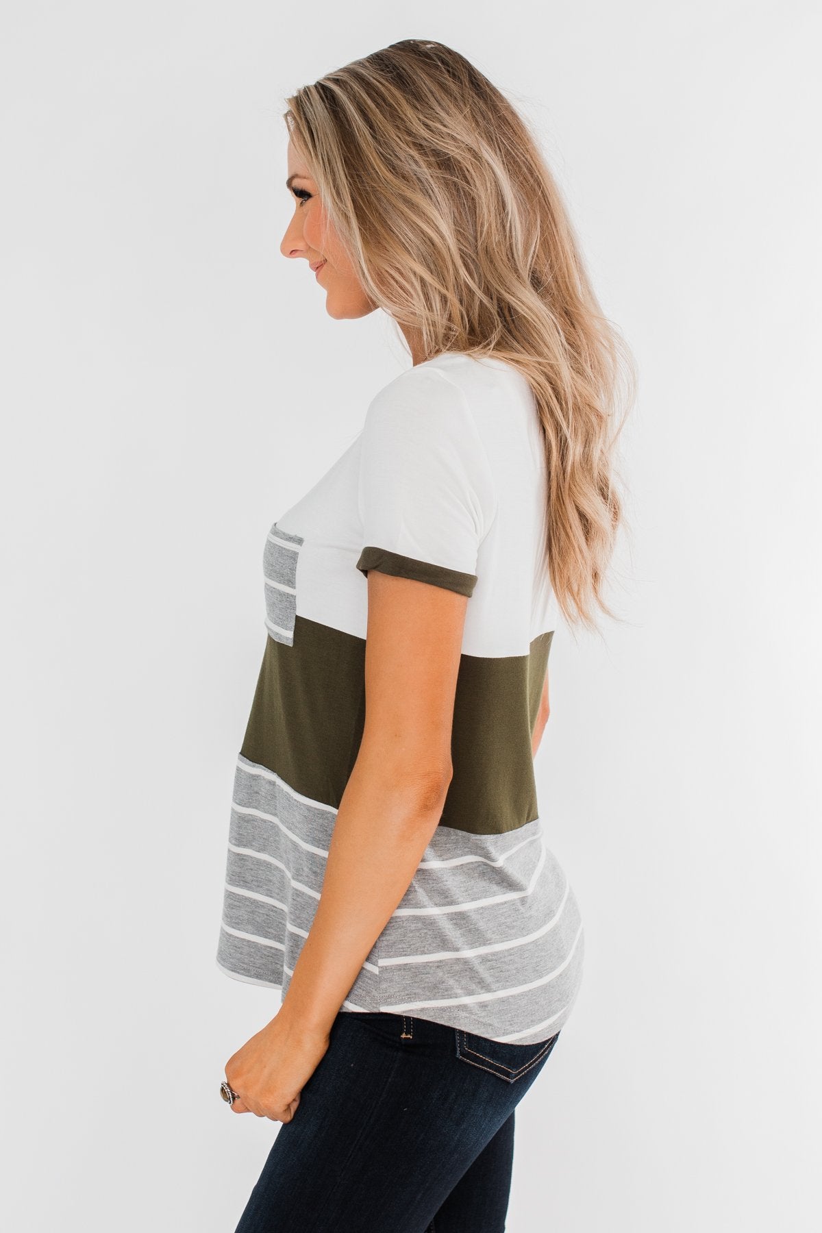 Right Here With Me Color Block Top- Ivory & Olive