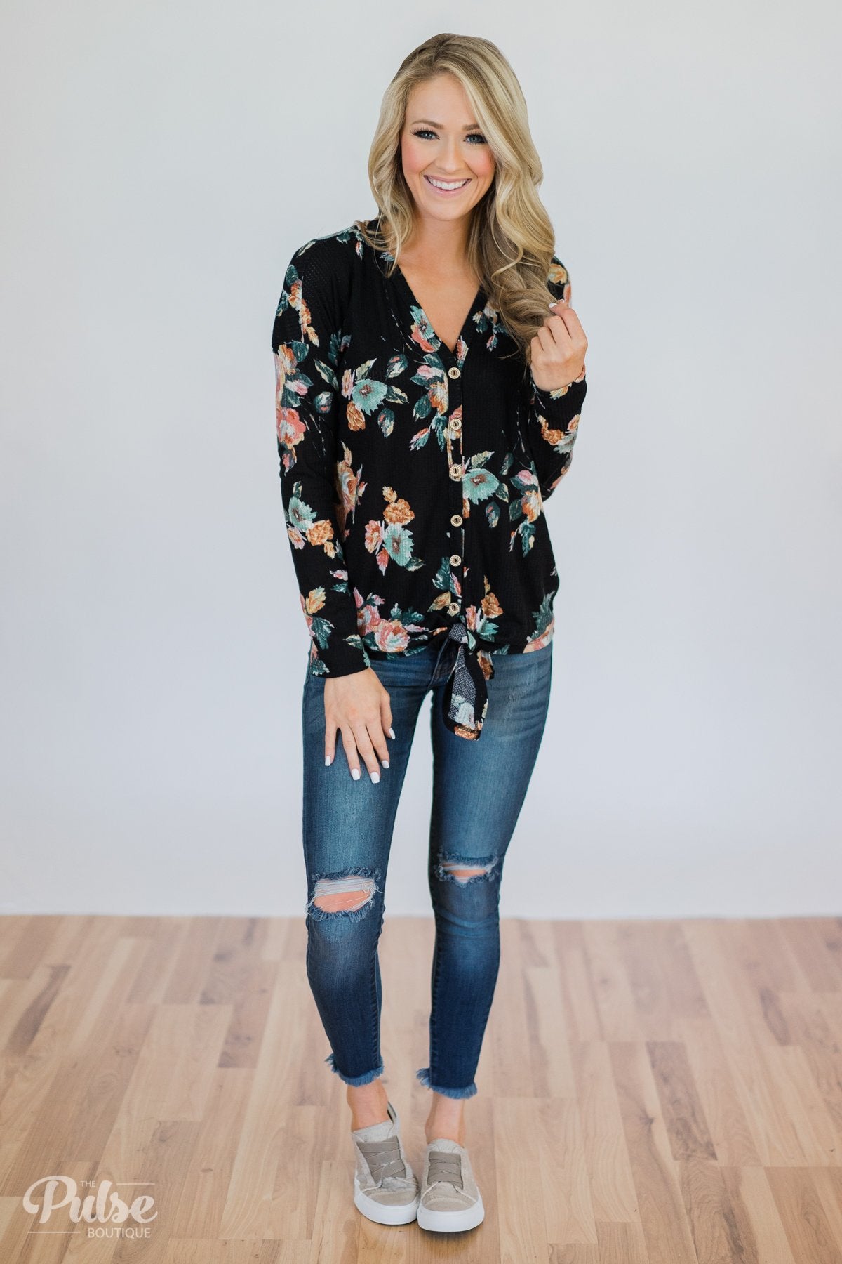 My Wish to You Floral Thermal Top- Black