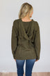Stay Awhile Lace Up Hooded Sweater- Forest