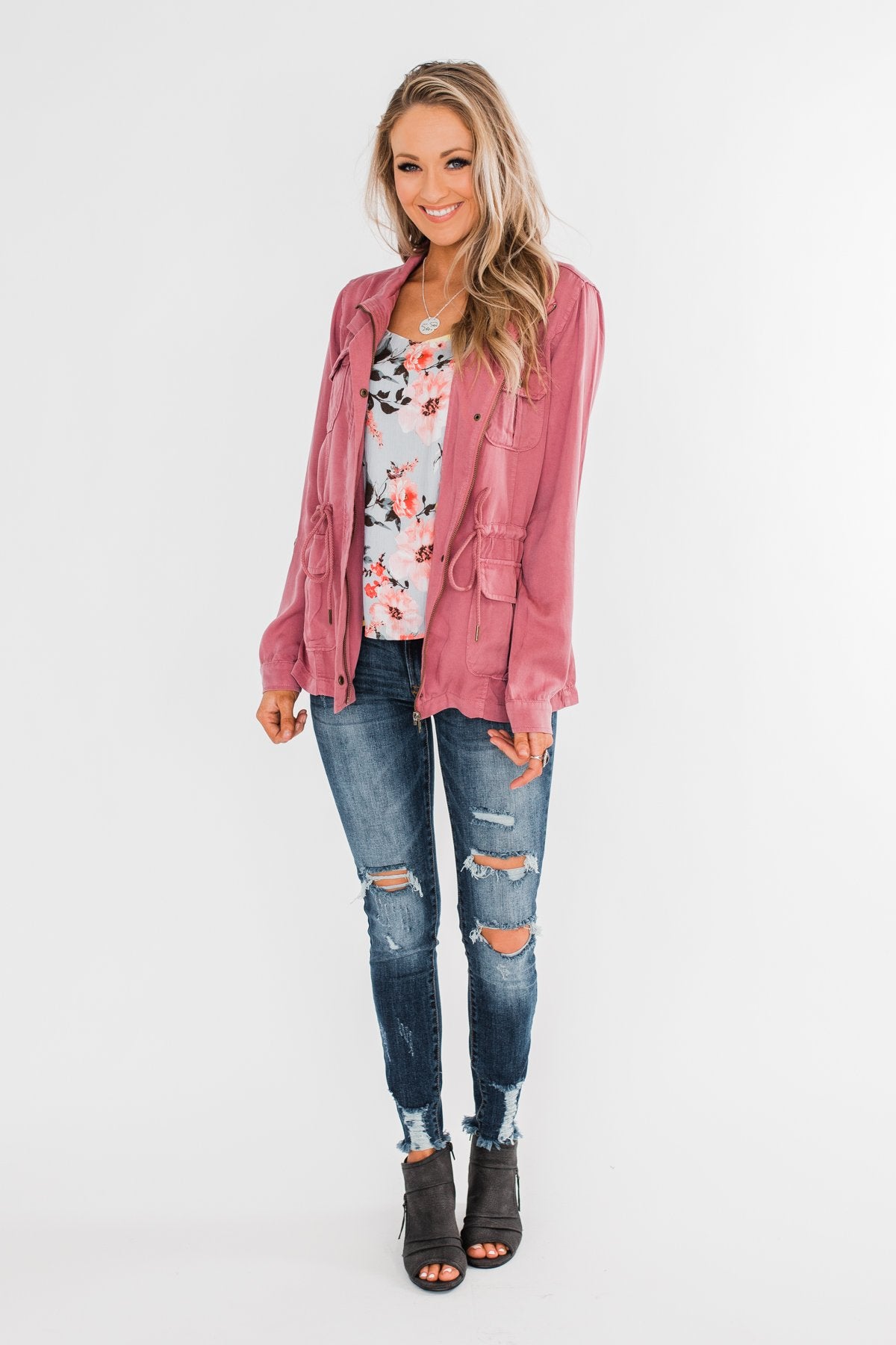 Carried Away Drawstring Waist Jacket- Mauve