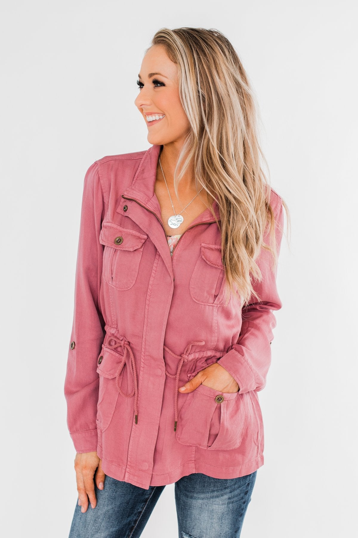 Carried Away Drawstring Waist Jacket- Mauve