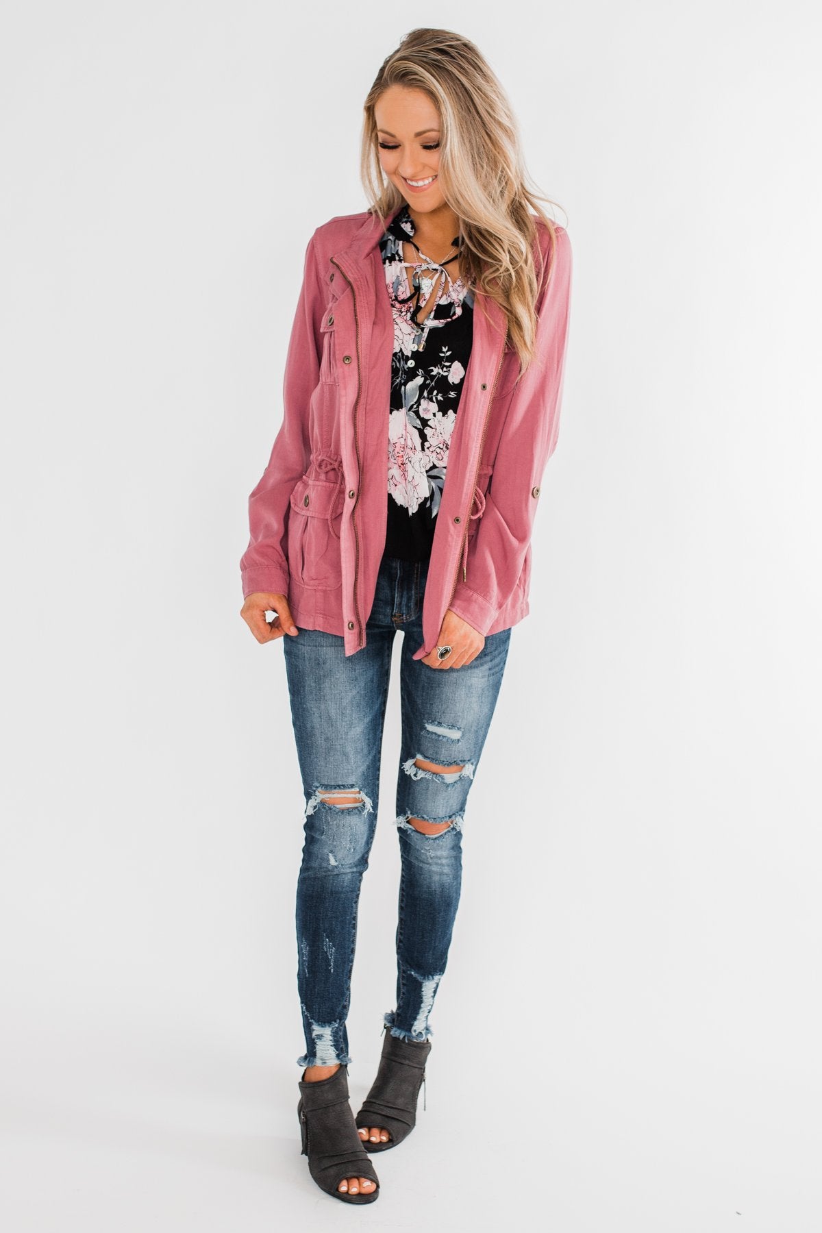 Carried Away Drawstring Waist Jacket- Mauve