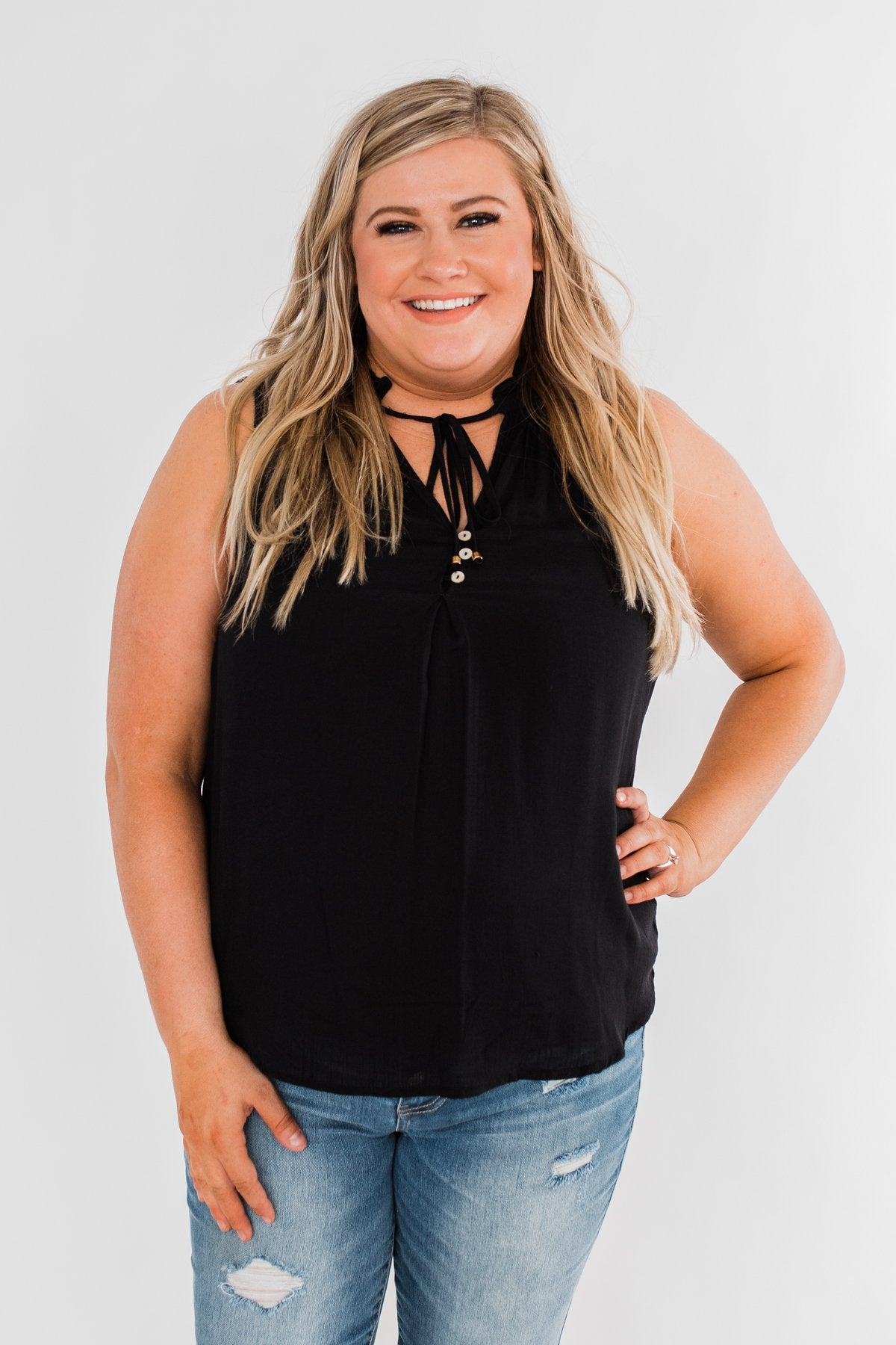 Larger Than Life Neck Tie Tank Top- Black