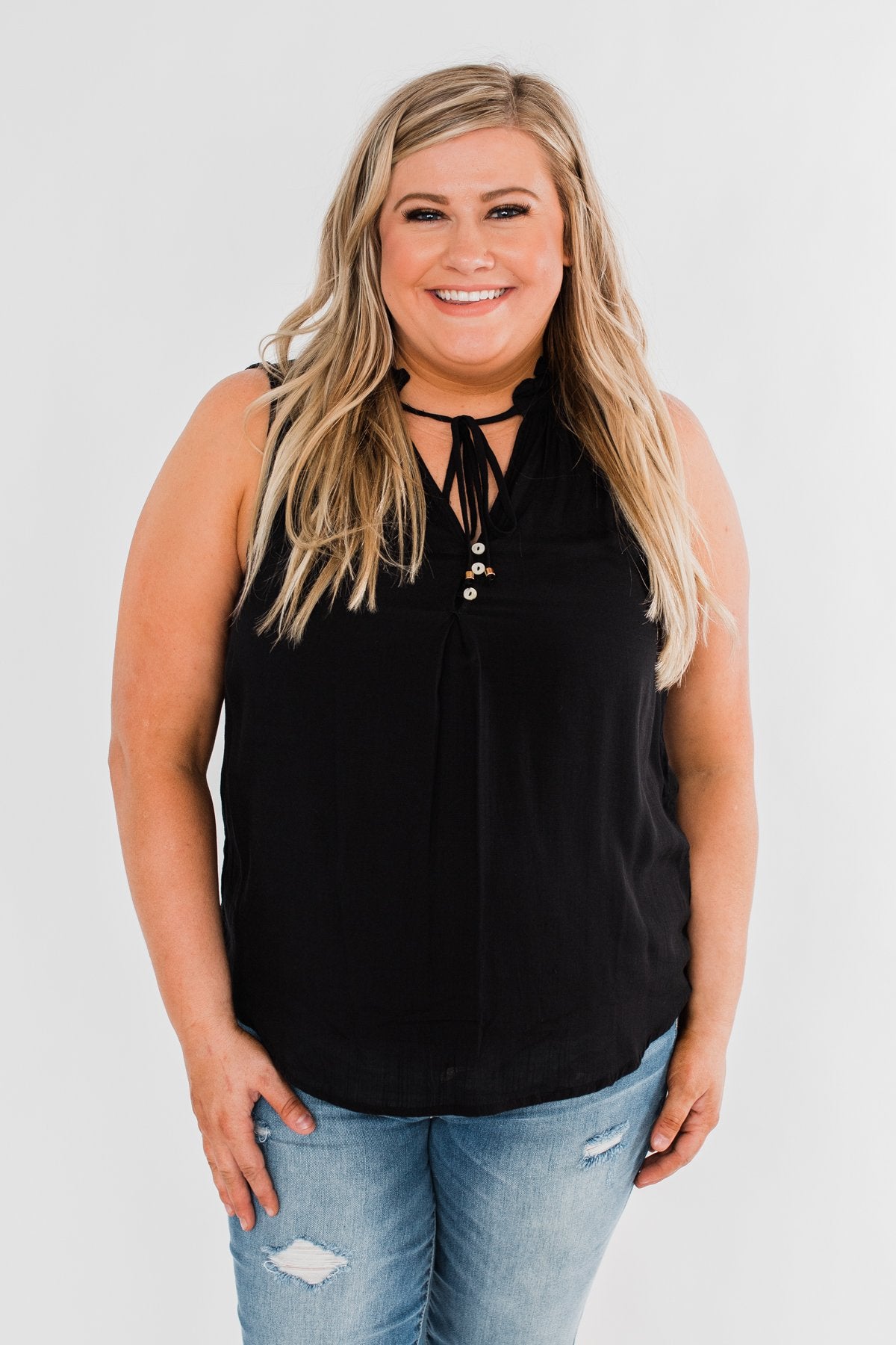 Larger Than Life Neck Tie Tank Top- Black