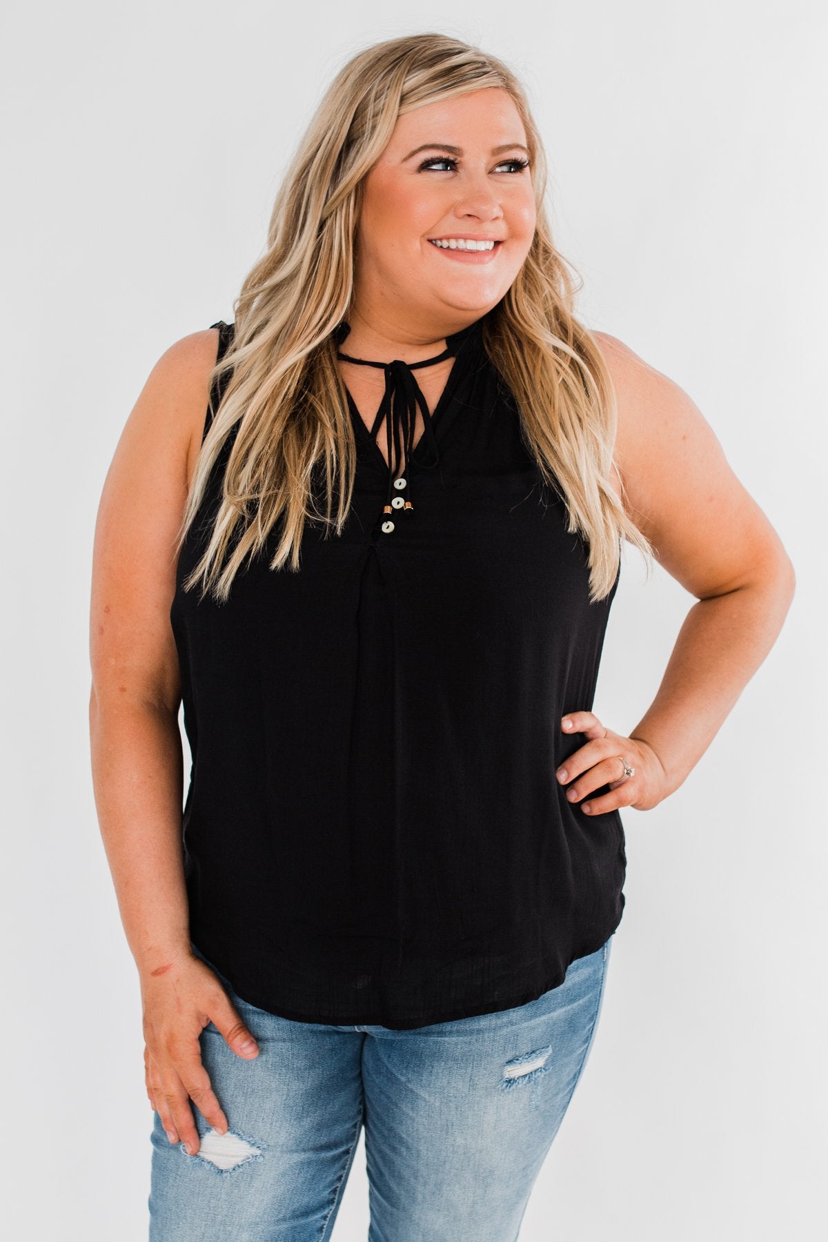 Larger Than Life Neck Tie Tank Top- Black