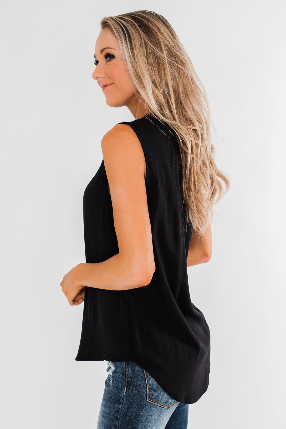 Larger Than Life Neck Tie Tank Top- Black