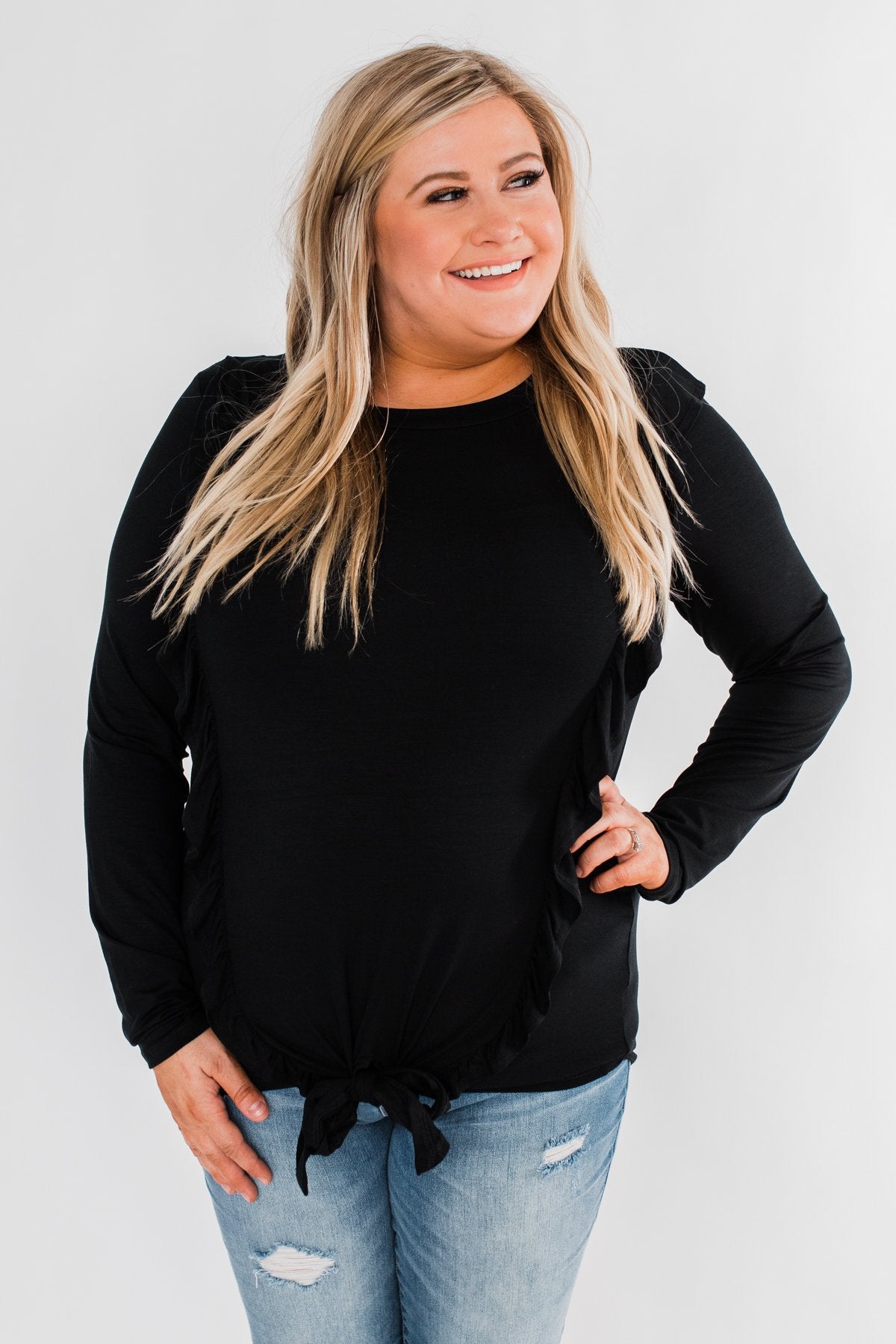 Taking My Time Long Sleeve Ruffle Top- Black