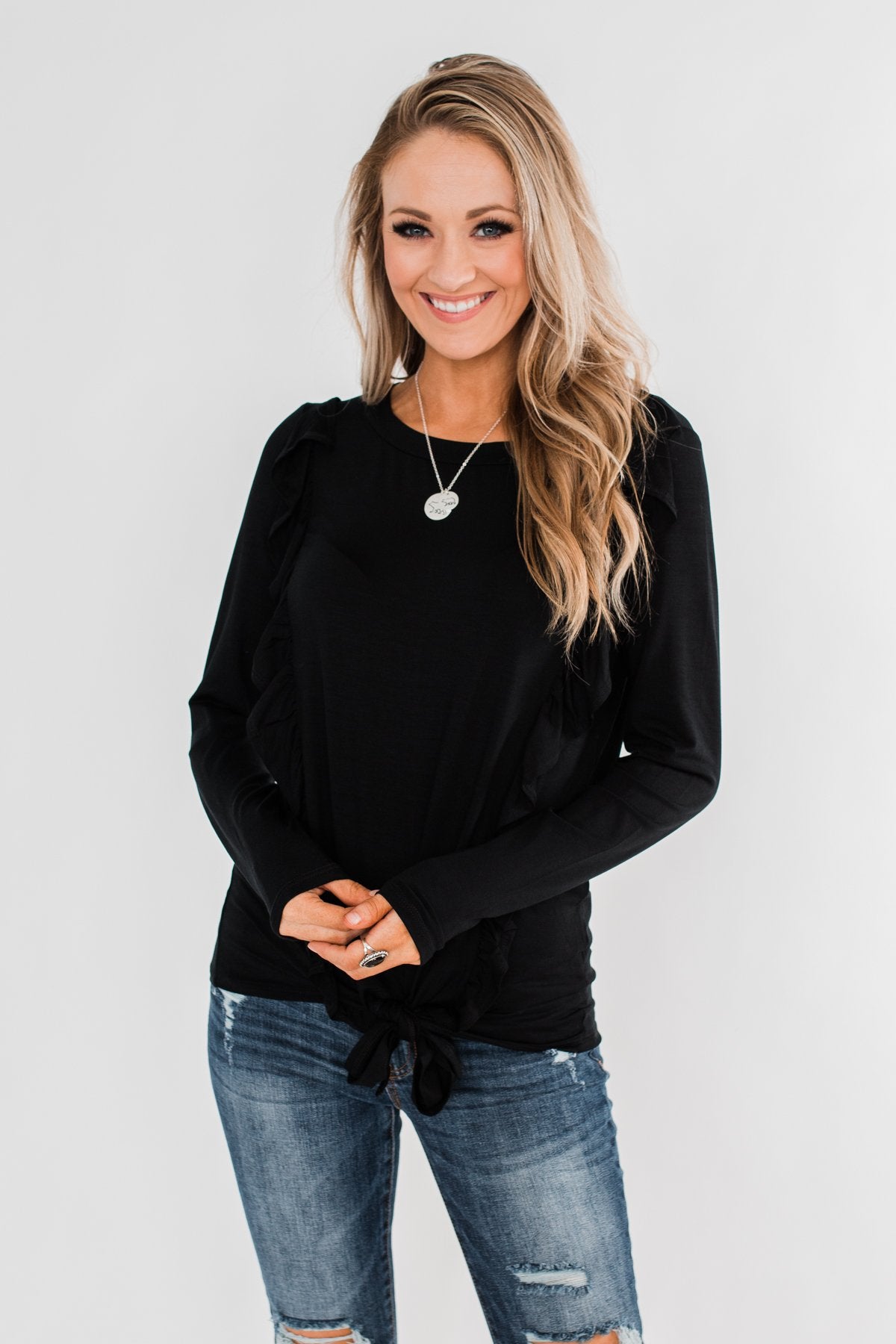 Taking My Time Long Sleeve Ruffle Top- Black