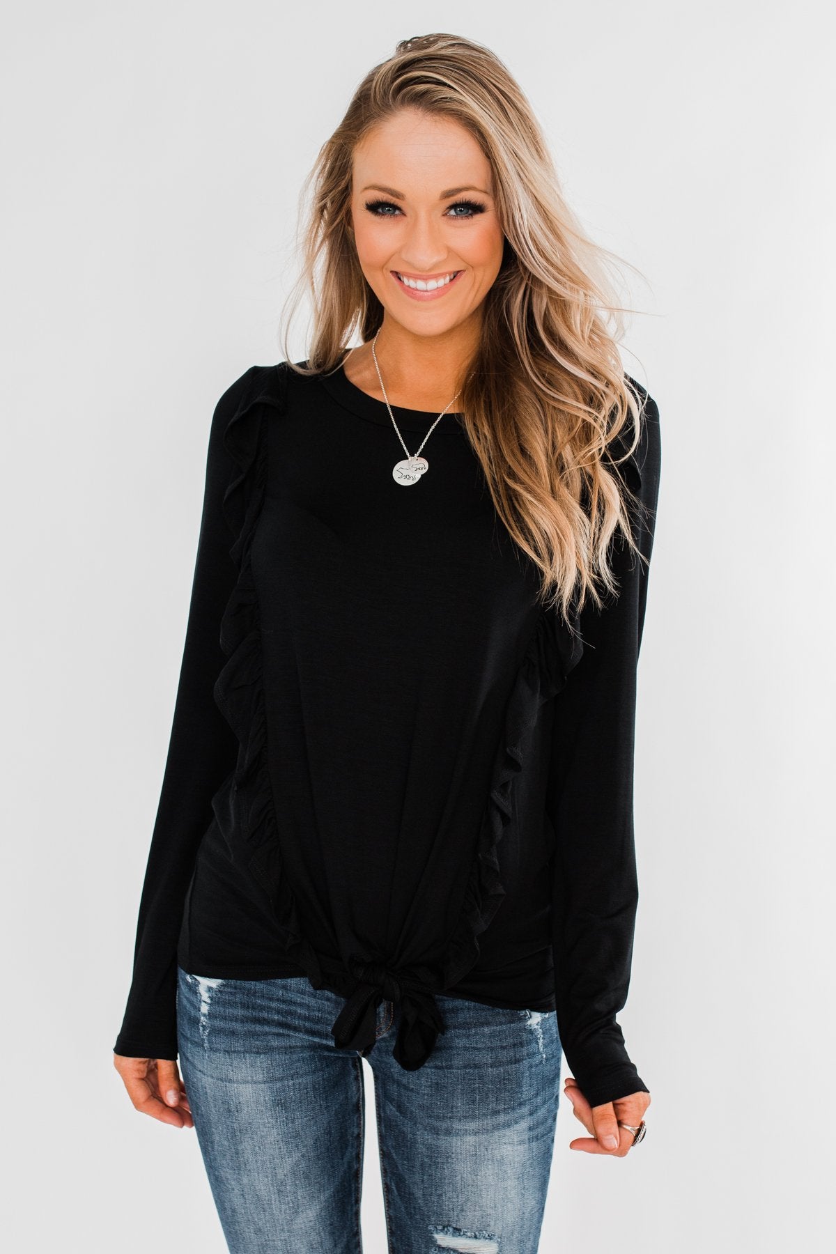Taking My Time Long Sleeve Ruffle Top- Black