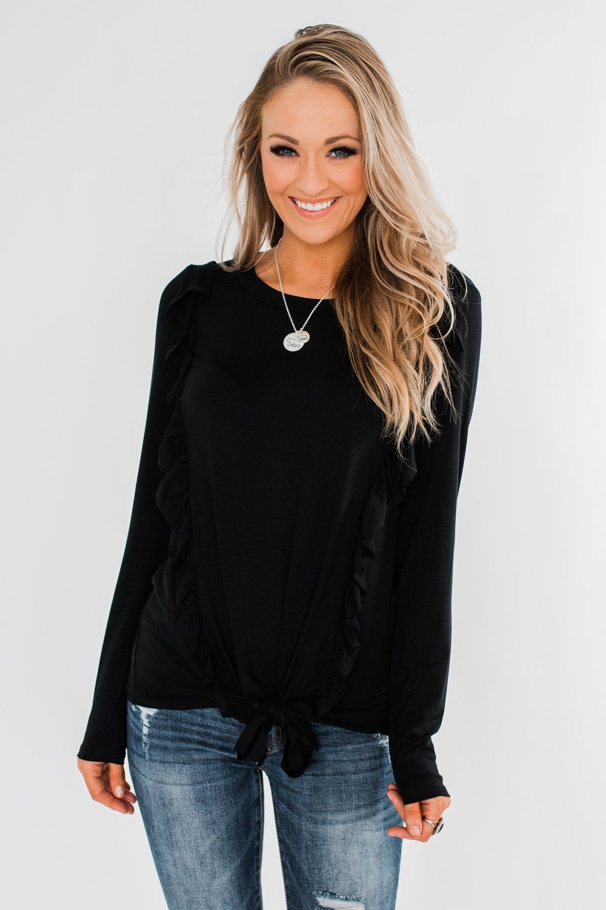 Taking My Time Long Sleeve Ruffle Top- Black