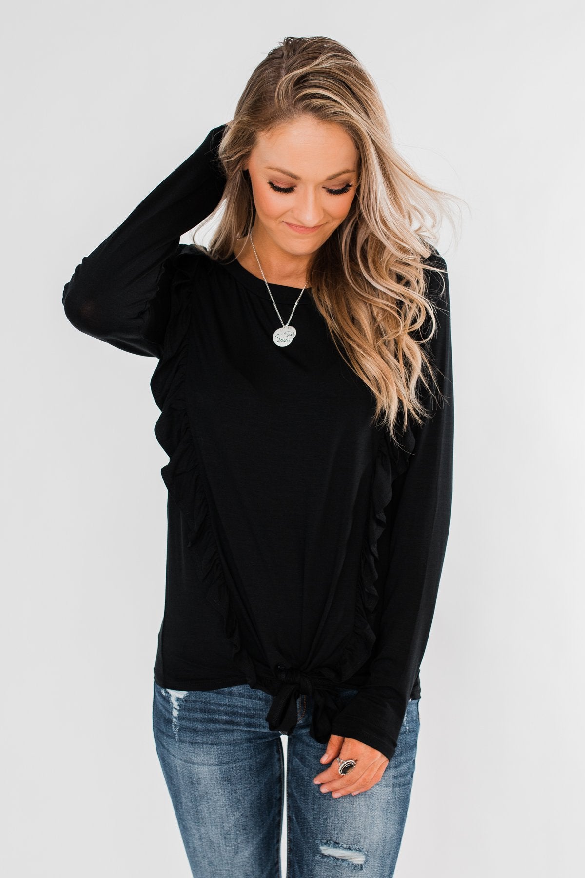 Taking My Time Long Sleeve Ruffle Top- Black