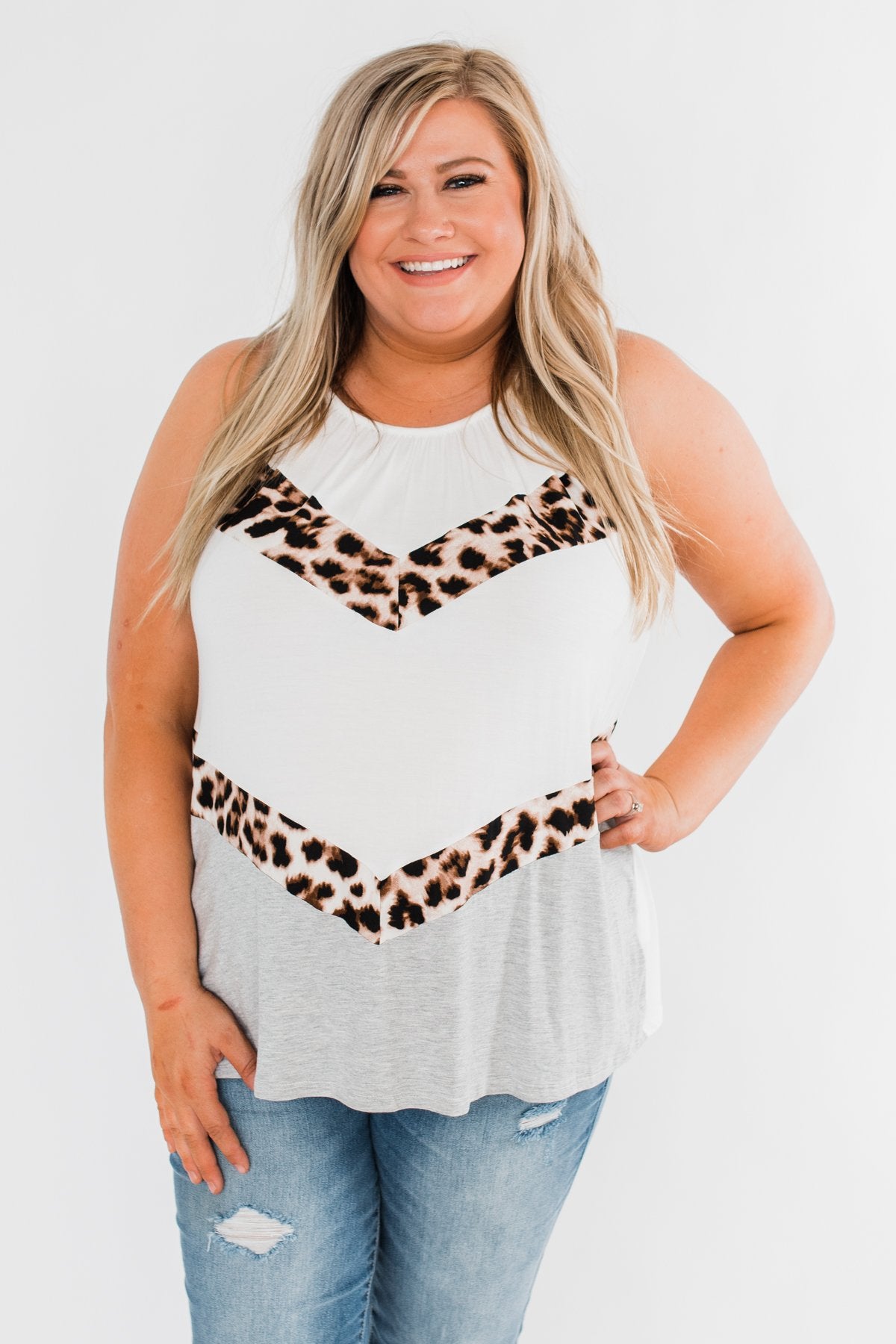 Whispers Of Love Chevron Color Block Top- Ivory & Leopard