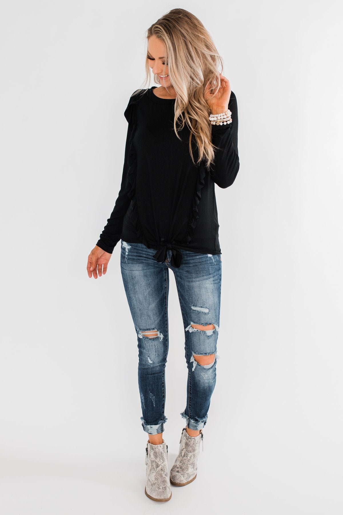 Taking My Time Long Sleeve Ruffle Top- Black