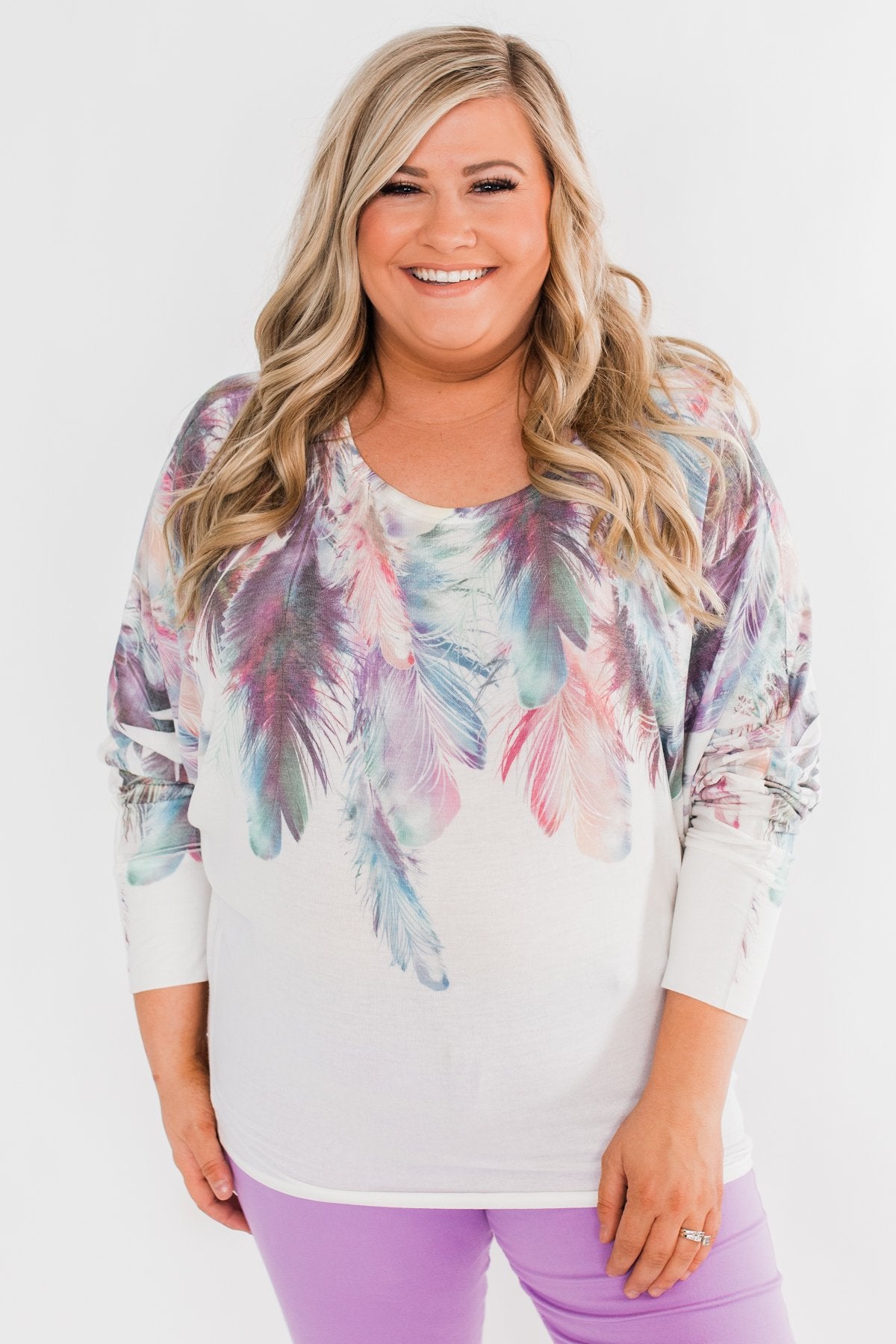 *2nds* Colorful Feather Dolman Sleeve Top- Ivory