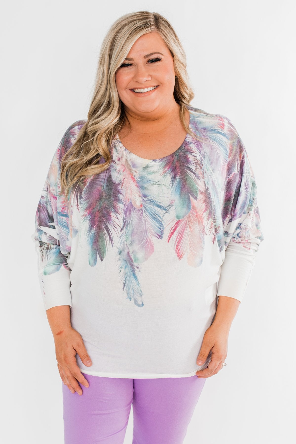 *2nds* Colorful Feather Dolman Sleeve Top- Ivory