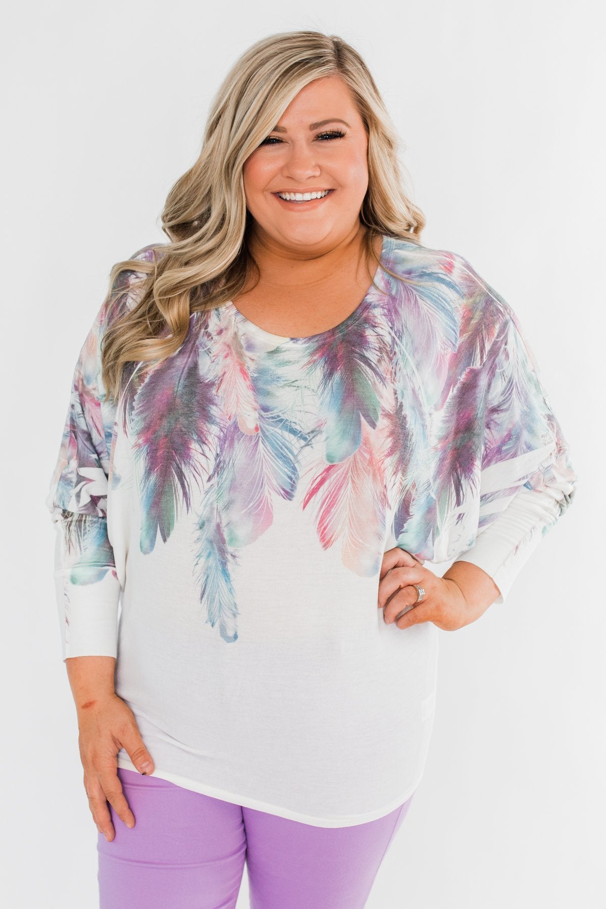 *2nds* Colorful Feather Dolman Sleeve Top- Ivory