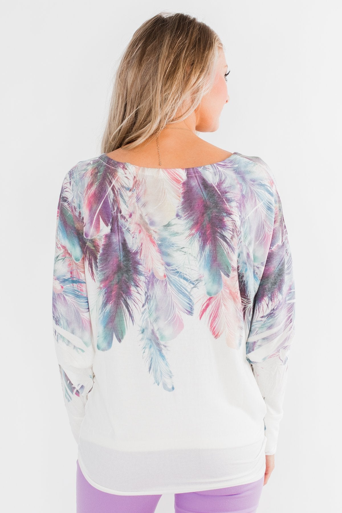 *2nds* Colorful Feather Dolman Sleeve Top- Ivory