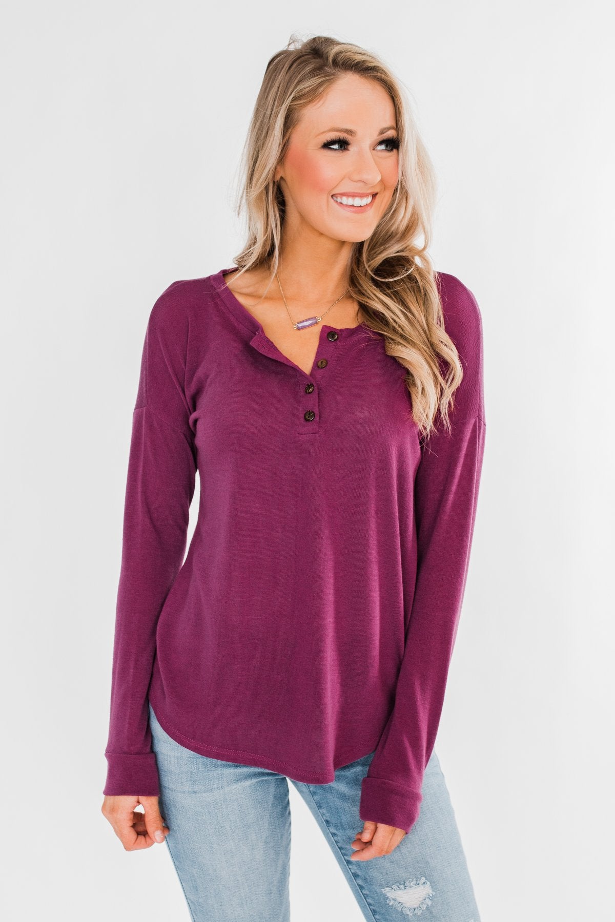 Cozy & Warm 4 Button Henley Top- Plum