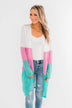 Long Knitted Color Block Cardigan- Teal & Orchid
