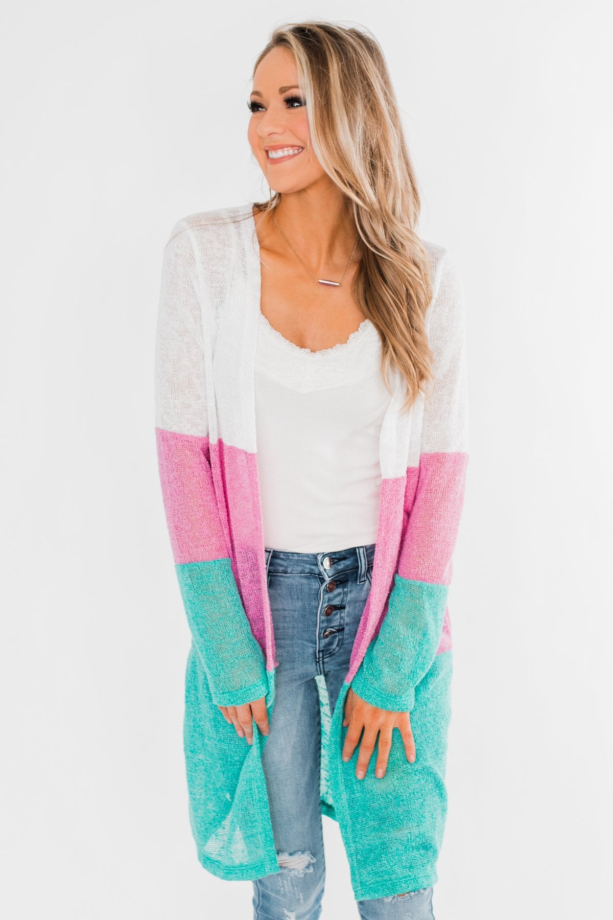 Long Knitted Color Block Cardigan- Teal & Orchid