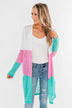 Long Knitted Color Block Cardigan- Teal & Orchid