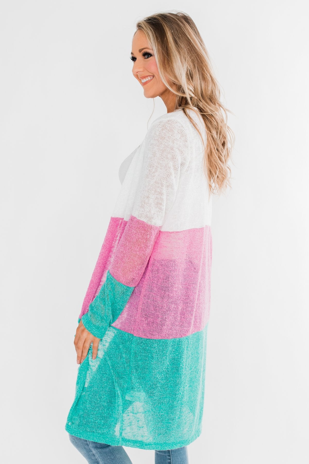 Long Knitted Color Block Cardigan- Teal & Orchid