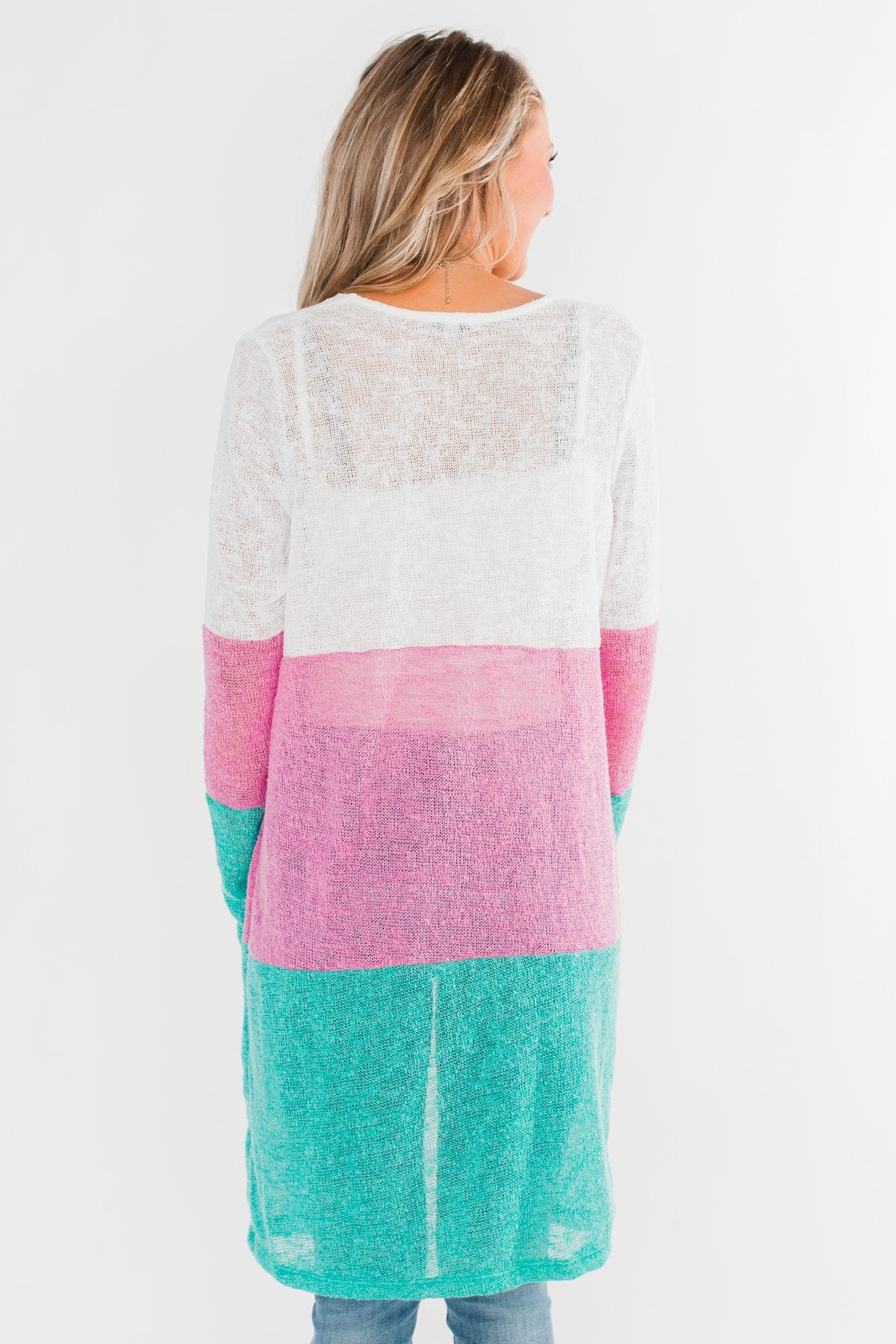 Long Knitted Color Block Cardigan- Teal & Orchid