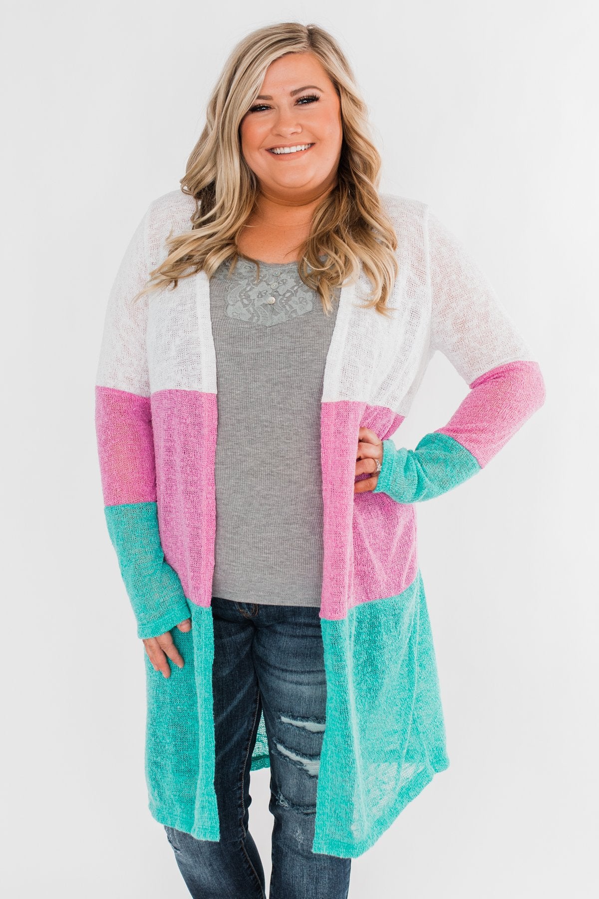 Long Knitted Color Block Cardigan- Teal & Orchid