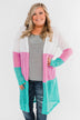 Long Knitted Color Block Cardigan- Teal & Orchid