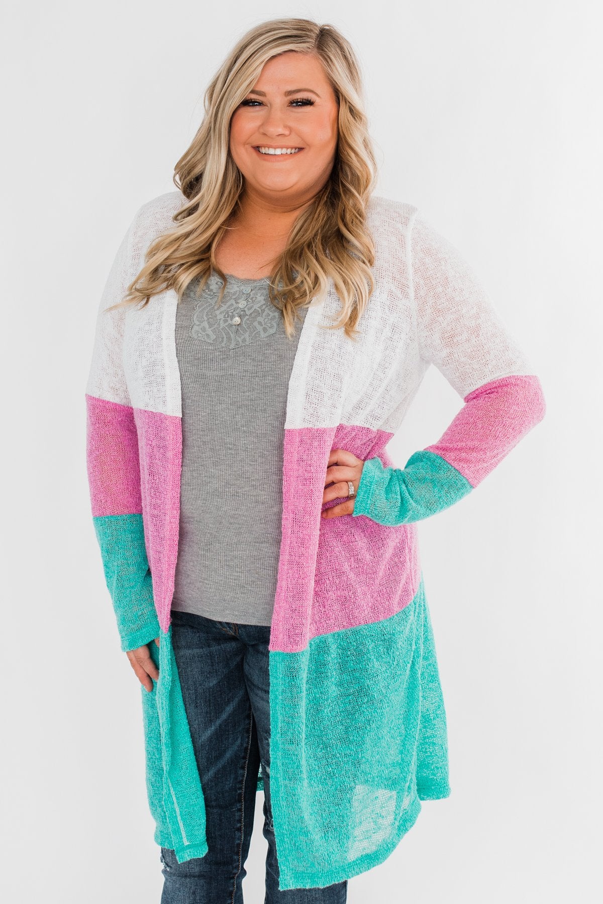 Long Knitted Color Block Cardigan- Teal & Orchid