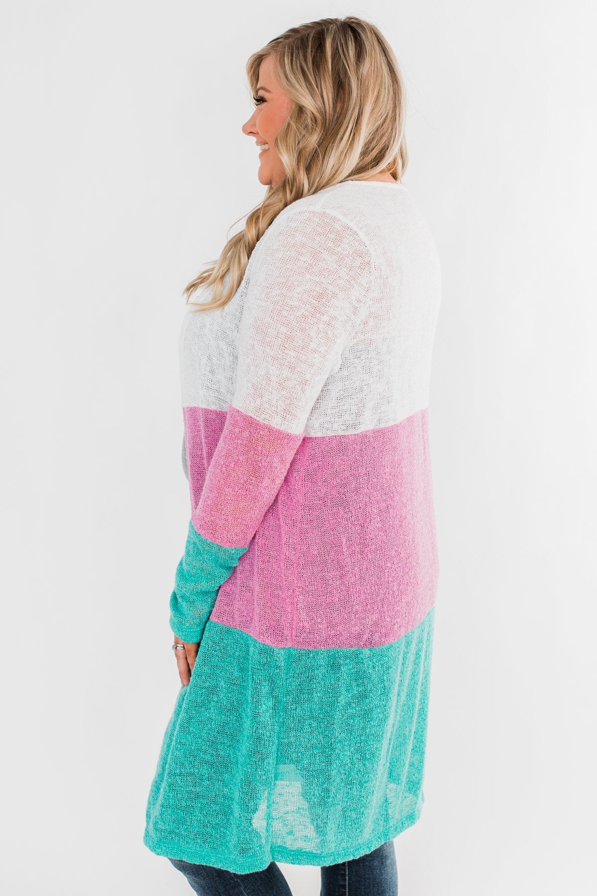 Long Knitted Color Block Cardigan- Teal & Orchid