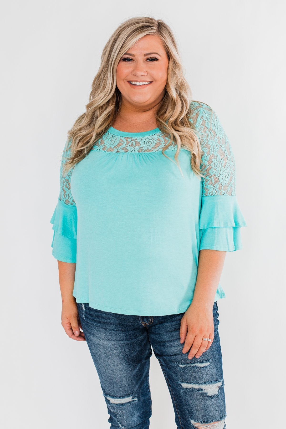 Right Beside Me Lace & Ruffles Top- Aqua